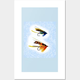 Two Artificial Flies on a Blue Background Posters and Art